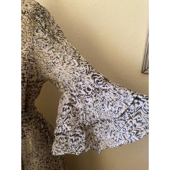 Une Ame Women's Dress Size XL Taupe Gold Sparkle Flutter Belted Chiffon - Picture 4 of 11